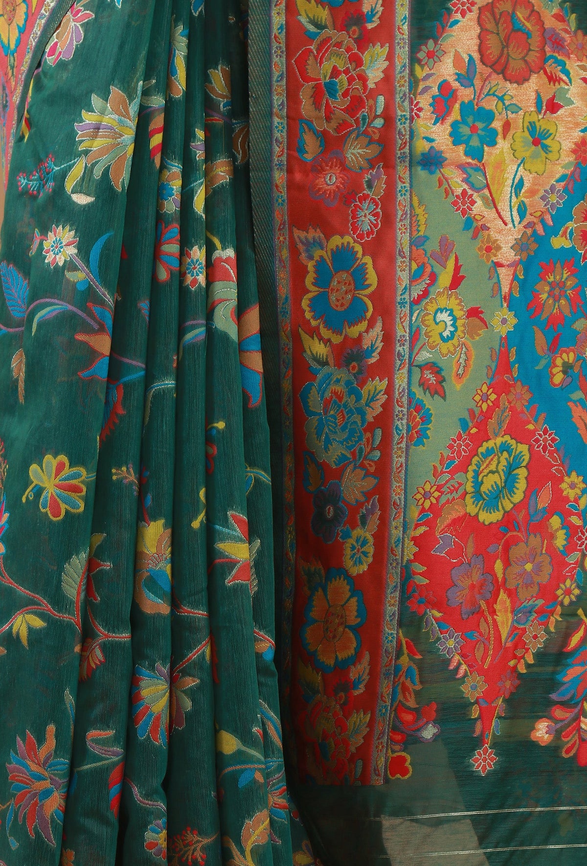 Floral Kani Weave Silk Wool Saree with Unstitched Blouse