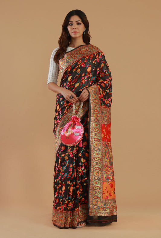 Kashmiri Inspired Floral Printed Silk Wool Saree with Unstitched Blouse