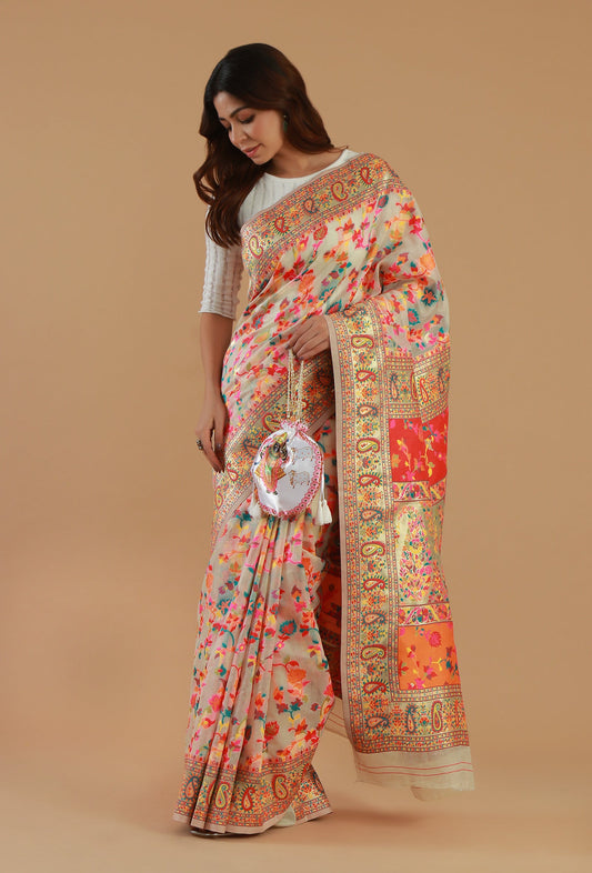 Ivory Heritage Floral Silk Wool Saree with Unstitched Blouse