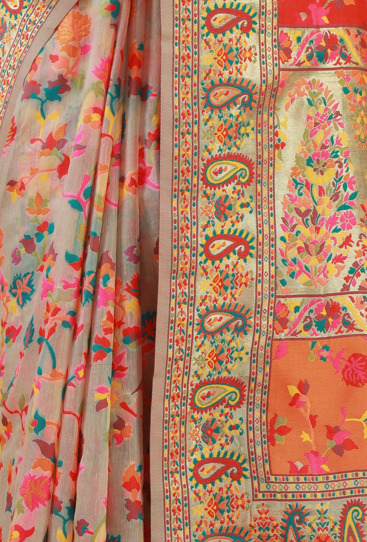 Ivory Heritage Floral Silk Wool Saree with Unstitched Blouse