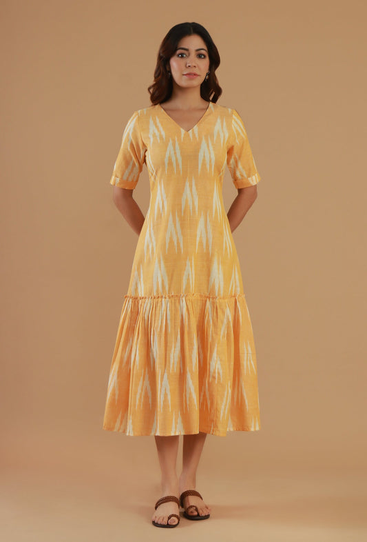 Mustard Ikat Cotton V-Neck Tiered Midi Dress サイズ M
