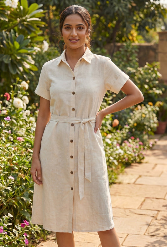Natural Beige Cotton Shirt Dress with Tie-Up Belt サイズ M