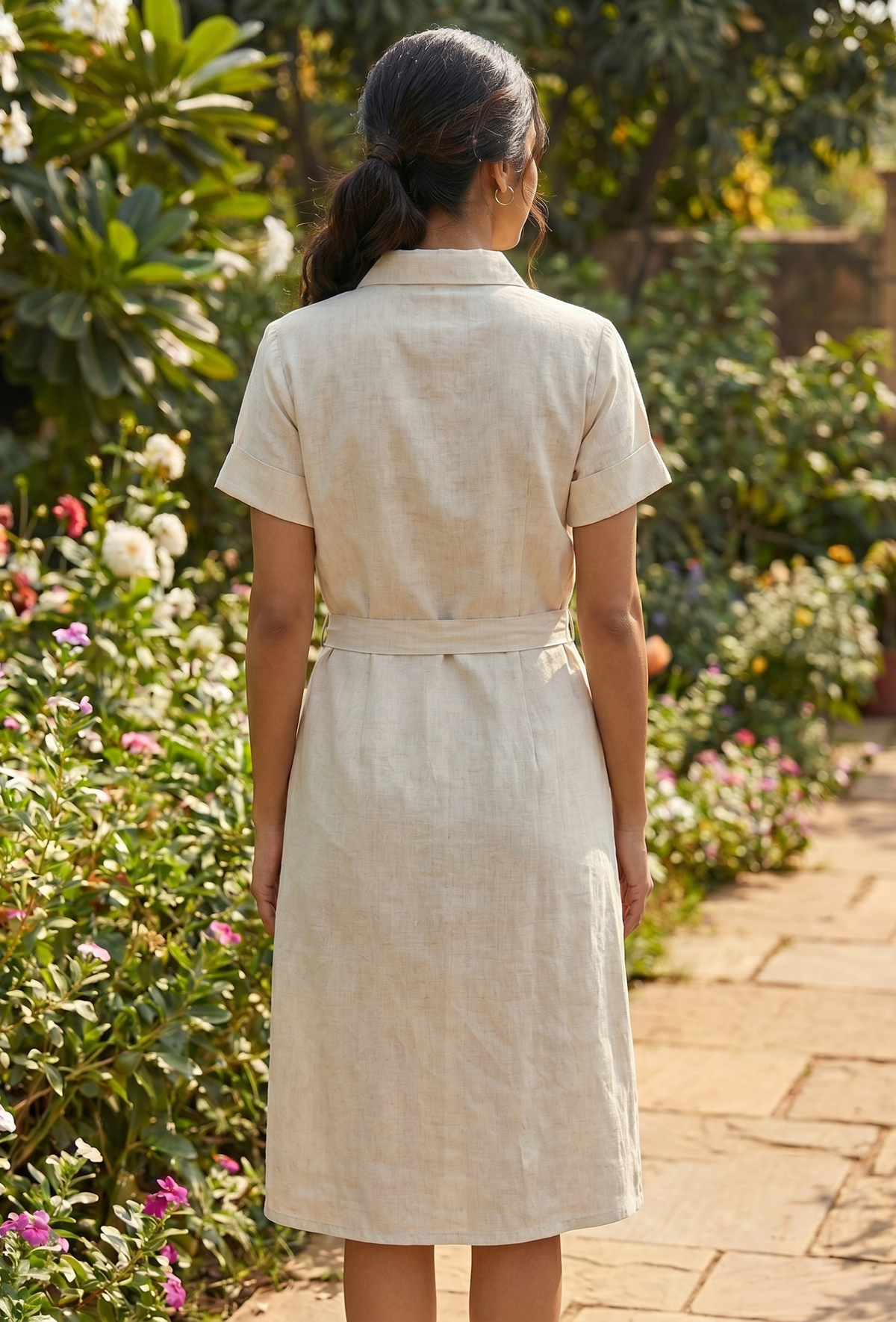 Natural Beige Cotton Shirt Dress with Tie-Up Belt サイズ L