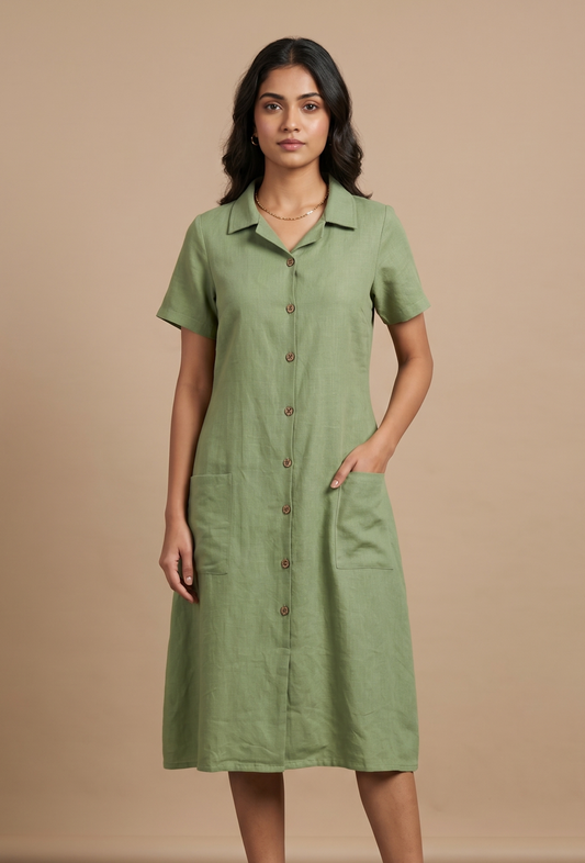 Olive Green Solid Shirt Collar Midi Dress サイズ M