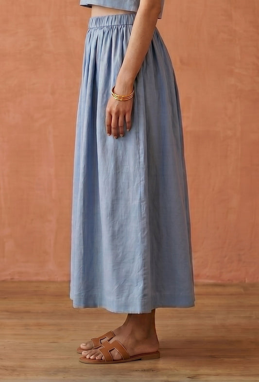 Dusty Blue Cotton Slub Gathered Maxi Skirt サイズ M