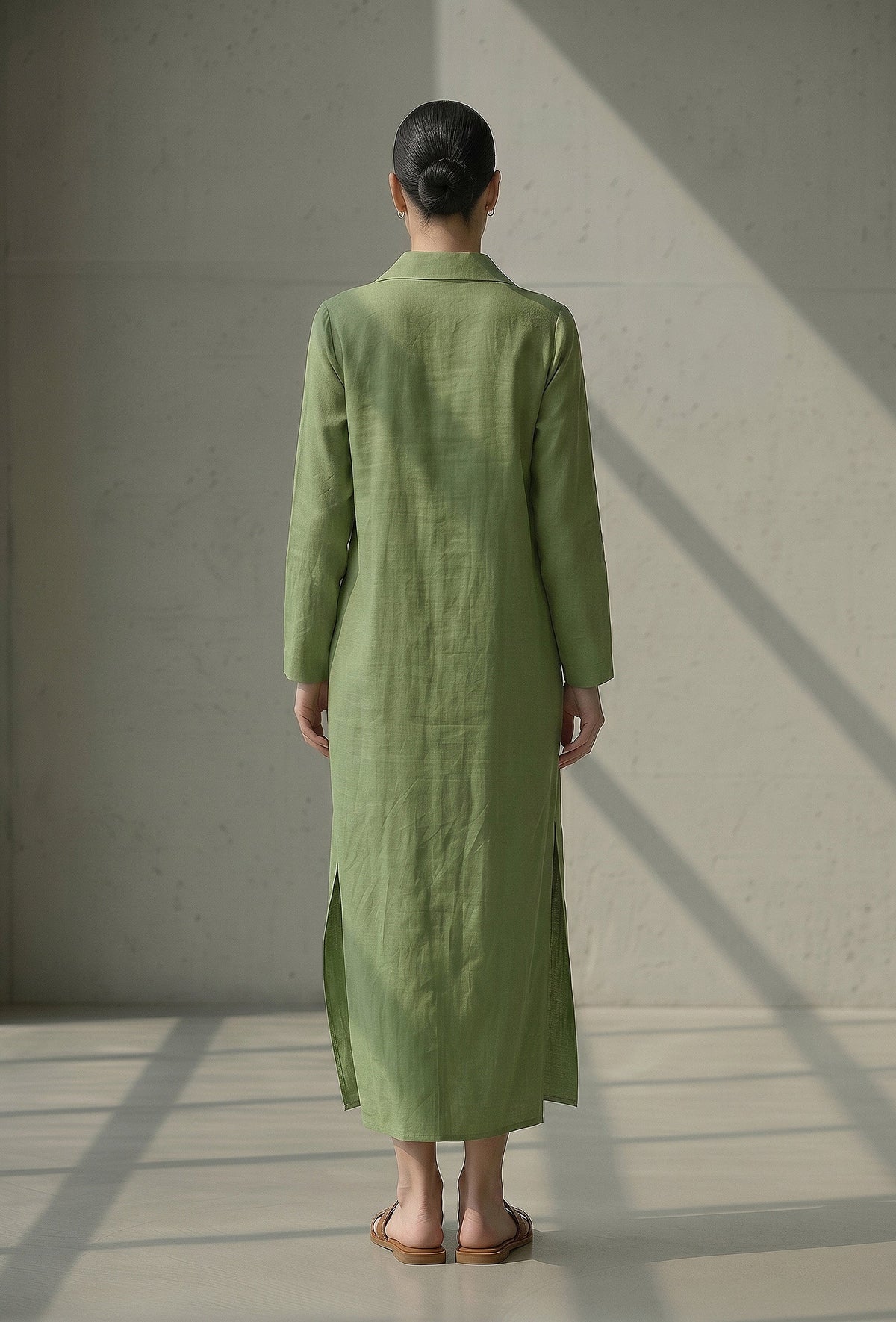 Olive Green Button-Down Cotton Long Dress サイズ M