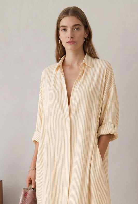 Lemon Yellow Striped Relaxed Fit Shirt Collar Maxi Dress サイズ M