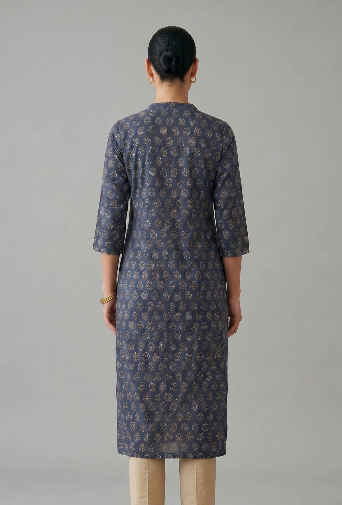 Navy Blue Ethnic Motif Printed Straight Cotton Kurta サイズ XXXL