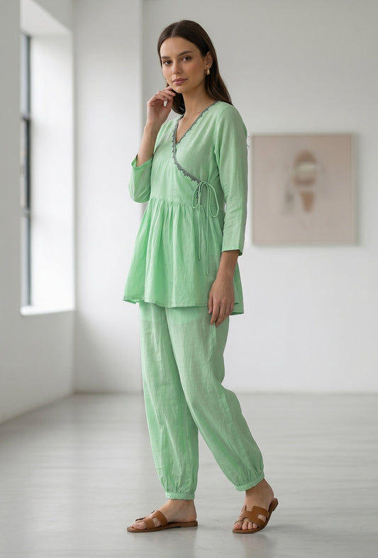 Mint Green Wrap Peplum Co-Ord Set トップス M・パンツ M