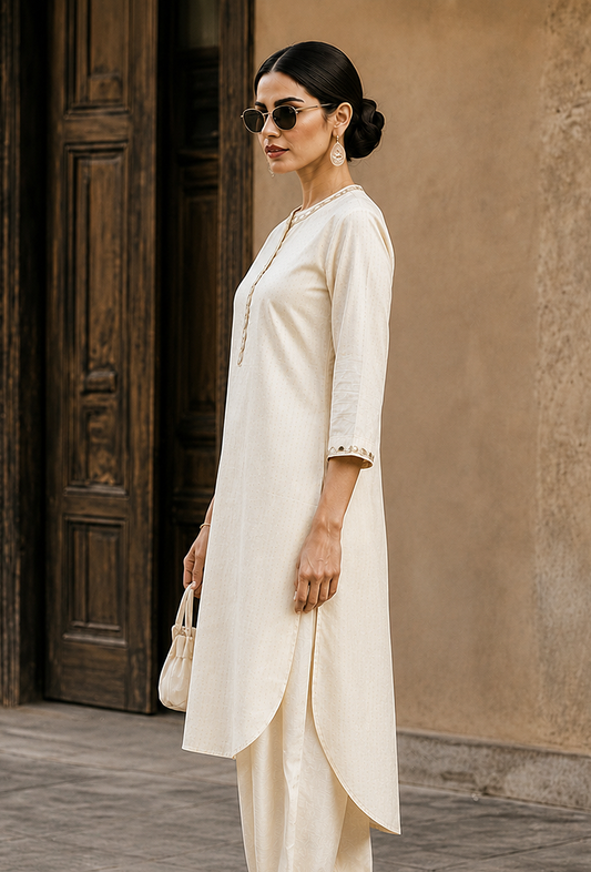 Ivory Noor Embroidery Silk Cotton Kurta サイズ M