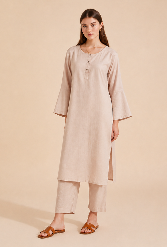 Set of 2: Beige Cotton Kurta & Straight Pants クルタ M・パンツ M
