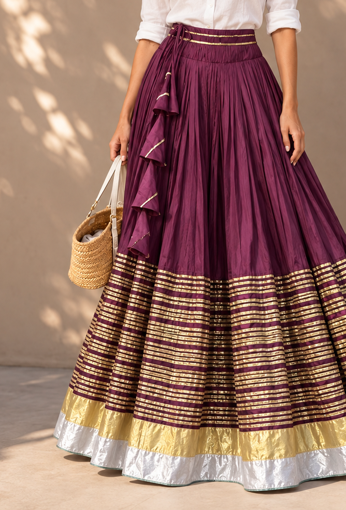 Wine Purple & Gold Gamthi Flared Skirt with Unstitched Blouse サイズ XXL