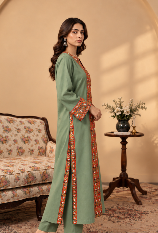 Sage Green Cashmilon Phiran with Kutch Embroidered Lace Detailing サイズ フリーサイズ