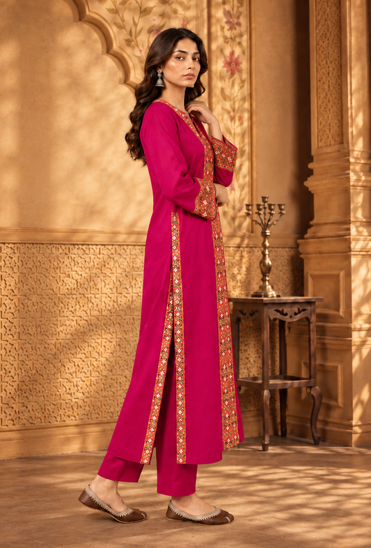 Set of 2: Rani Pink Cashmilon Phiran & Pant Set with Kutch Embroidered Lace パンツ M