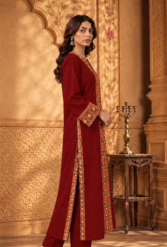 Deep Maroon Cashmilon Phiran with Kutch Embroidered Lace サイズ フリーサイズ