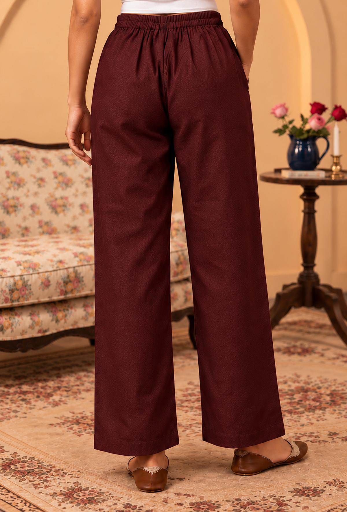 Set of 2: Wine Brown Cashmilon Phiran & Pant Set with Kutch Embroidered Lace パンツ XS