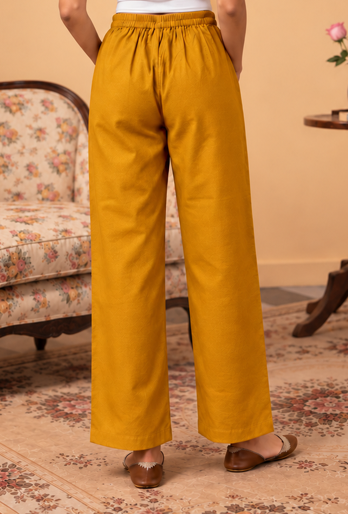 Set of 2: Mustard Yellow Cashmilon Phiran & Pant Set with Kutch Embroidered Lace パンツ M