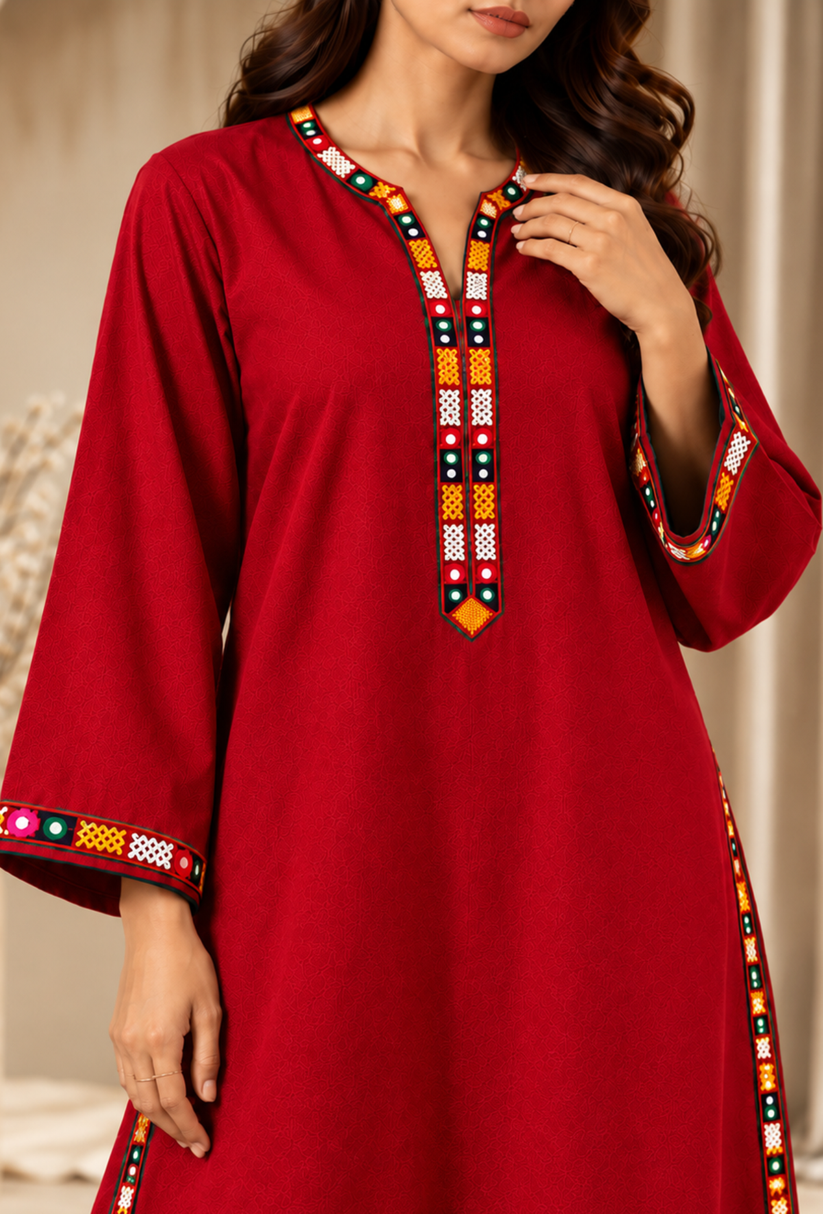 Ruby Red Cashmilon Phiran with Kutch Embroidered Lace サイズ フリーサイズ