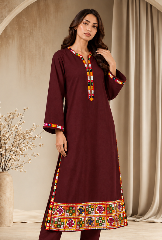 Burgundy Cashmilon Phiran with Kutch Embroidered Lace サイズ フリーサイズ