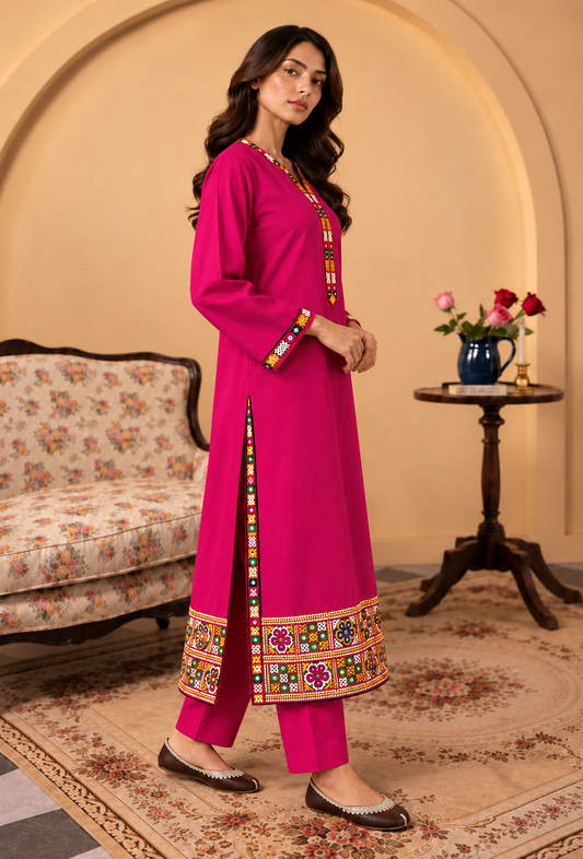 Set of 2: Rani Pink Cashmilon Phiran & Pant Set with Kutch Embroidered Lace パンツ M