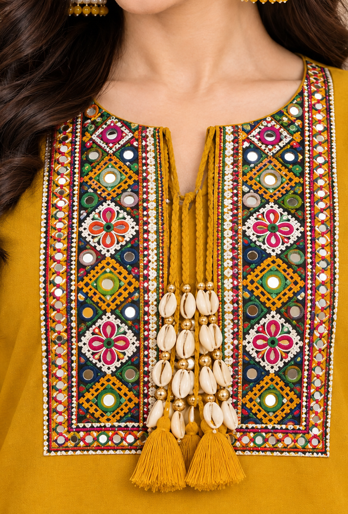 Mustard Yellow Multicolour Cashmilon Gamthi Embroidered Phiran サイズ フリーサイズ