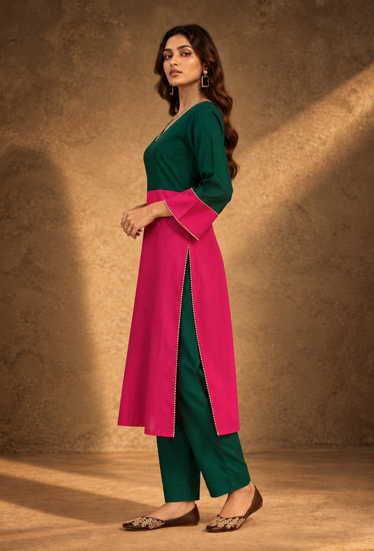 Set of 2: Green & Pink Glazed Cotton Kurta With Pants クルタ M・パンツ M