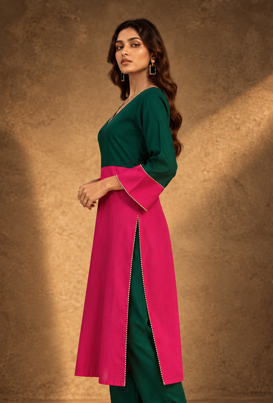 Green & Pink Color Glazed Cotton Kurta サイズ M
