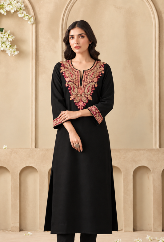 Black Cashmilon Kashmiri Embroidered Lace Phiran サイズ フリーサイズ