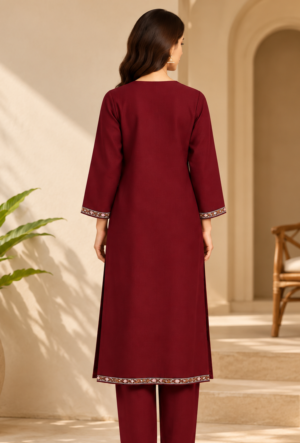 Wine Maroon Cashmilon Kashmiri Embroidered Lace Phiran サイズ フリーサイズ
