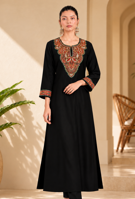 Black Cashmilon Zari-Paisley Kashmiri Embroidered Lace Phiran サイズ フリーサイズ