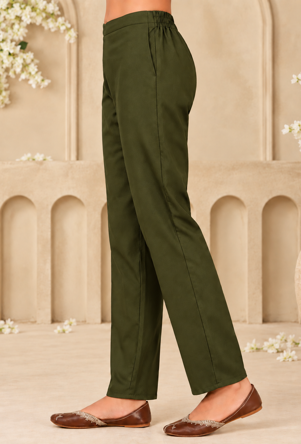 Olive Green Cashmilon Straight-Fit Pants with Pockets サイズ S