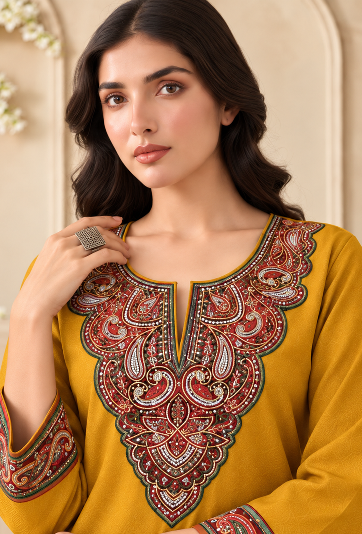 Mustard Gold Cashmilon Kashmiri Embroidered Lace Phiran サイズ フリーサイズ