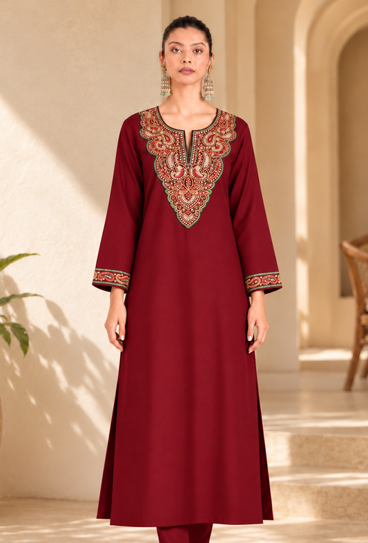Maroon Cashmilon Kashmiri Embroidered Lace Phiran サイズ フリーサイズ