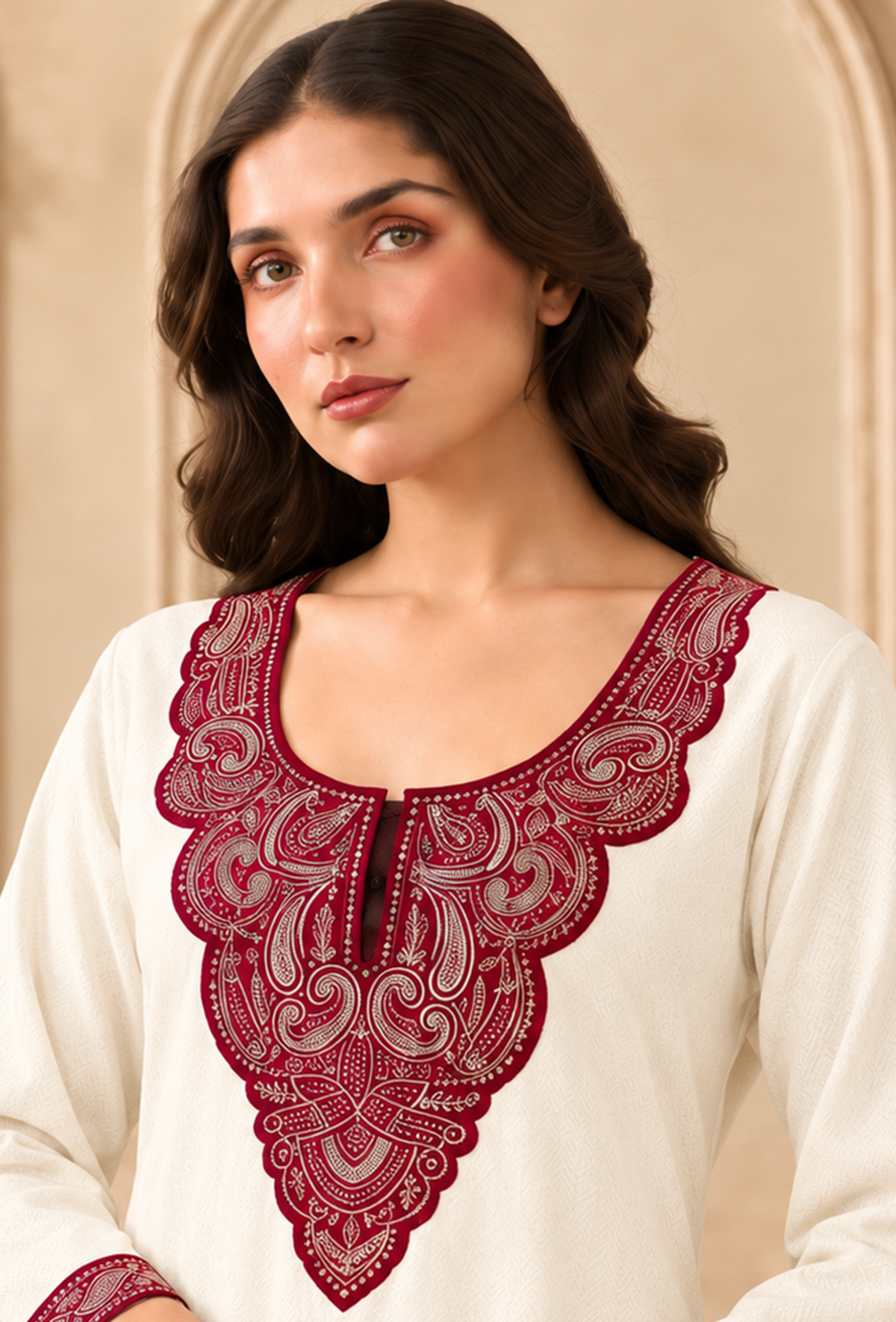 Ivory Charm Cashmilon Maroon Kashmiri Embroidered Lace Phiran サイズ フリーサイズ