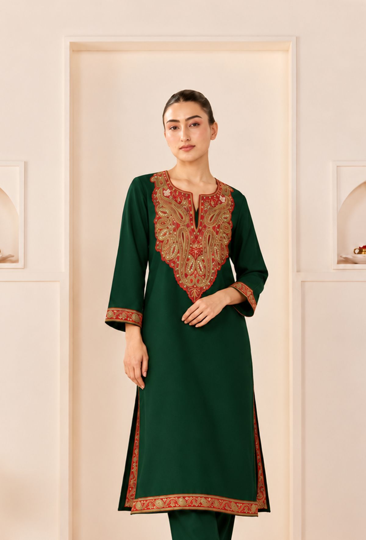 Emerald Royale Cashmilon Kashmiri Embroidered Lace Phiran サイズ フリーサイズ
