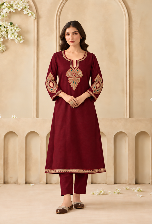 Set of 2: Burgundy Cashmilon Heritage Embroidered Lace Phiran with Pant パンツ M