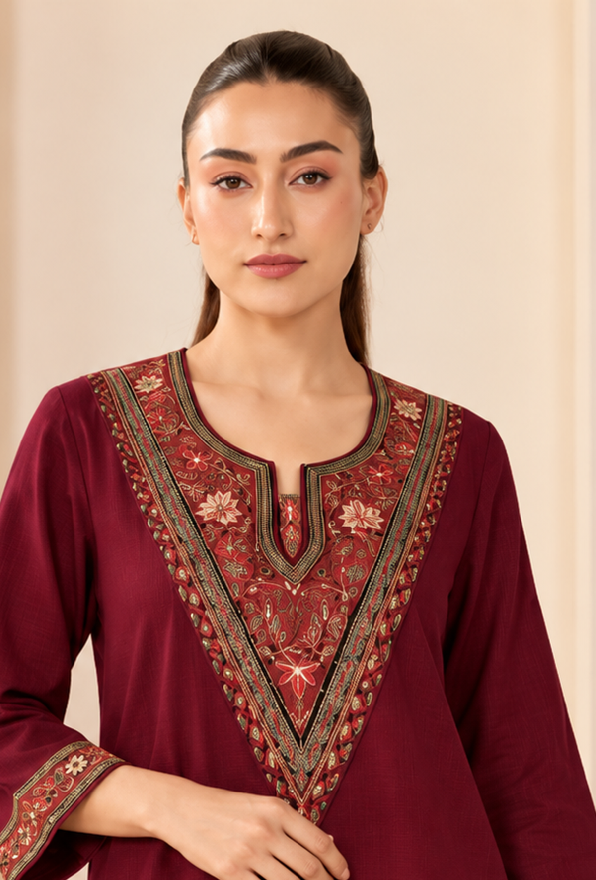 Maroon Heritage Cashmilon Embroidered Lace Phiran サイズ フリーサイズ