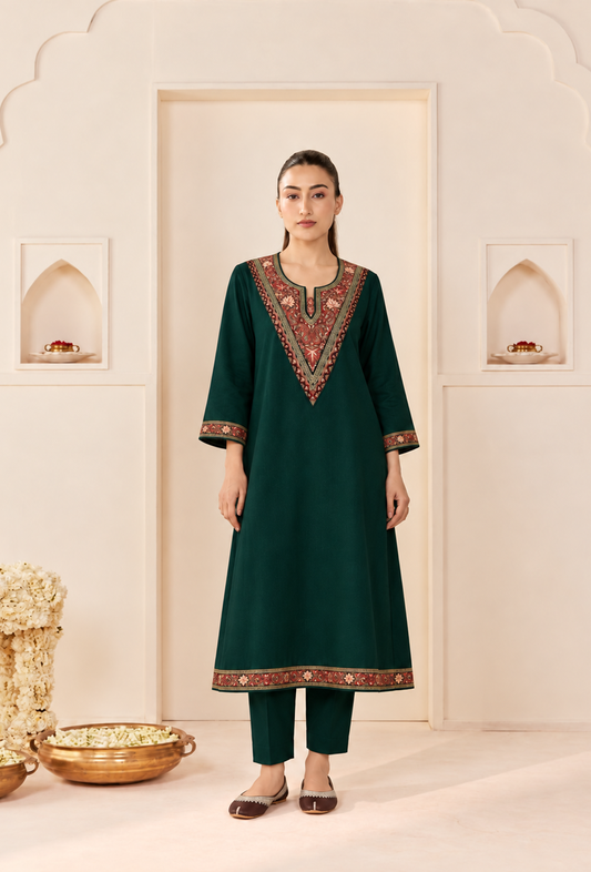 Set of 2: Forest Heritage Cashmilon Kashmiri Embroidered Lace Phiran with Pant パンツ M