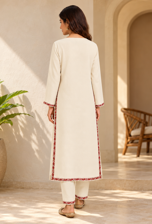 Set of 2: Ivory Cashmilon Kashmiri Heritage Embroidered Lace Phiran with Pant パンツ M