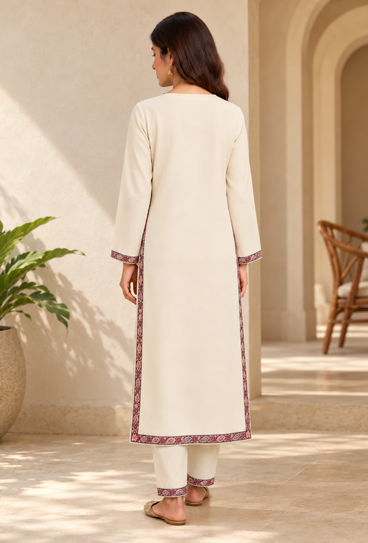 Set of 2: Ivory Cashmilon Kashmiri Embroidered Lace Phiran & Pant Set パンツ M