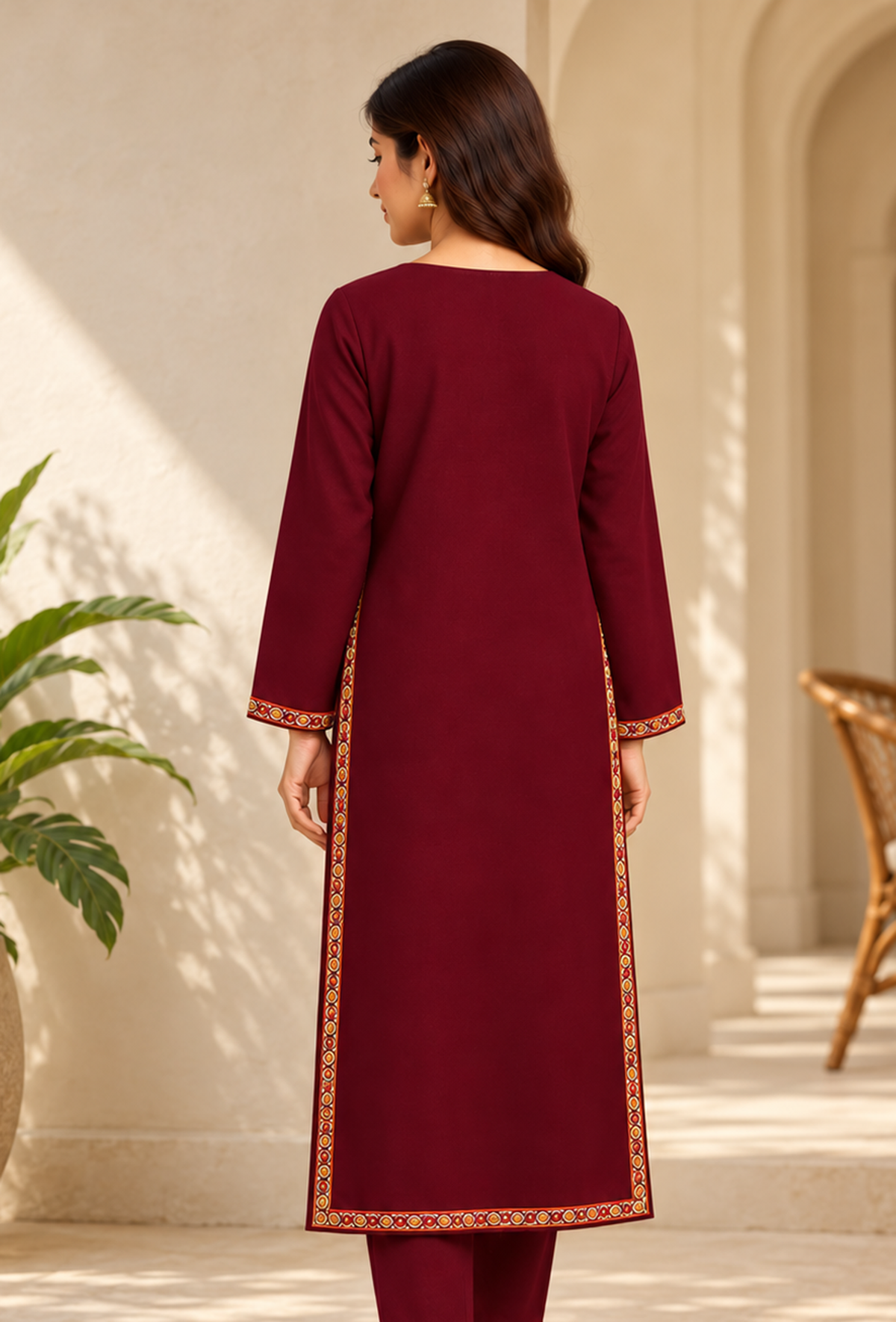Burgundy Cashmilon Kashmiri Embroidered Lace Phiran サイズ フリーサイズ