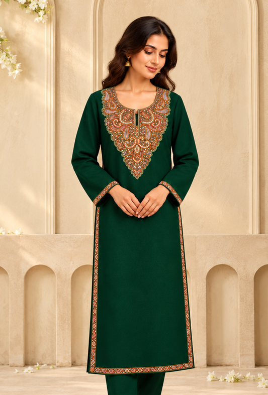 Dark Green Cashmilon Kashmiri Embroidered Lace Phiran サイズ フリーサイズ