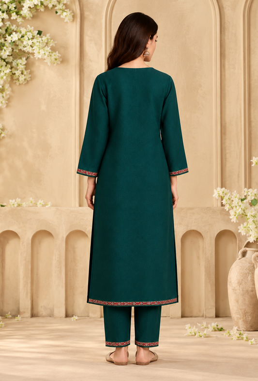 Set of 2: Teal Green Cashmilon Kashmiri Embroidered Lace Phiran & Pant Set パンツ M
