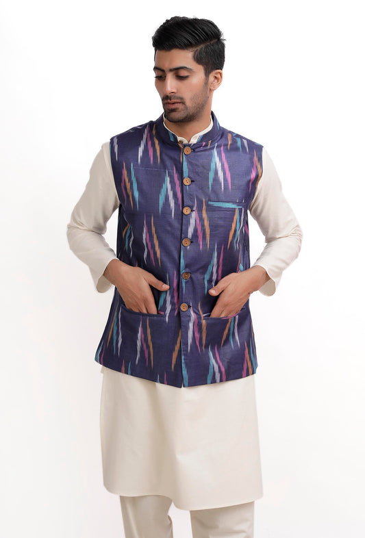 Azure Blue Ikat Nehru Jacket サイズ 38