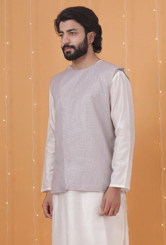 Lavender Chanderi Slant Overlapped Checkered Nehru Jacket サイズ 40