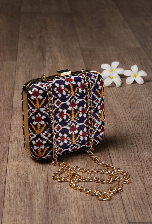 Leela Blue & Multi Patola Print Square Box Clutch
