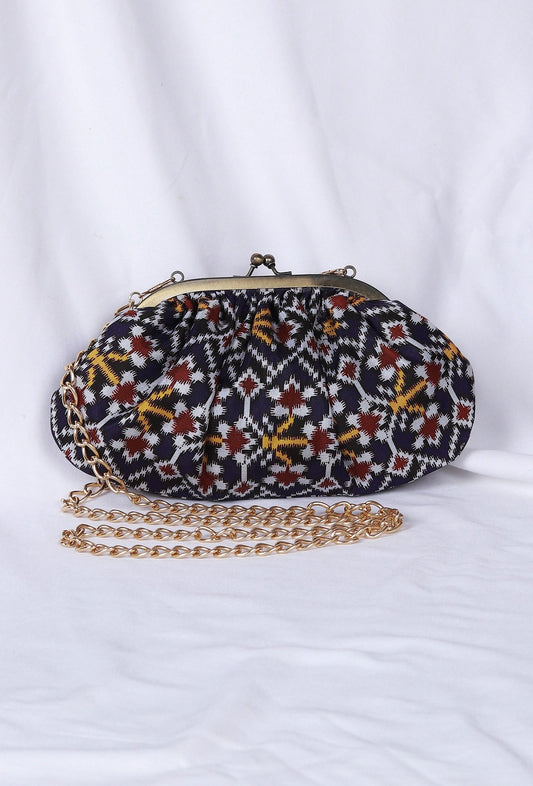 White, Blue & Multi Silk Patola Print Gathered Clutch
