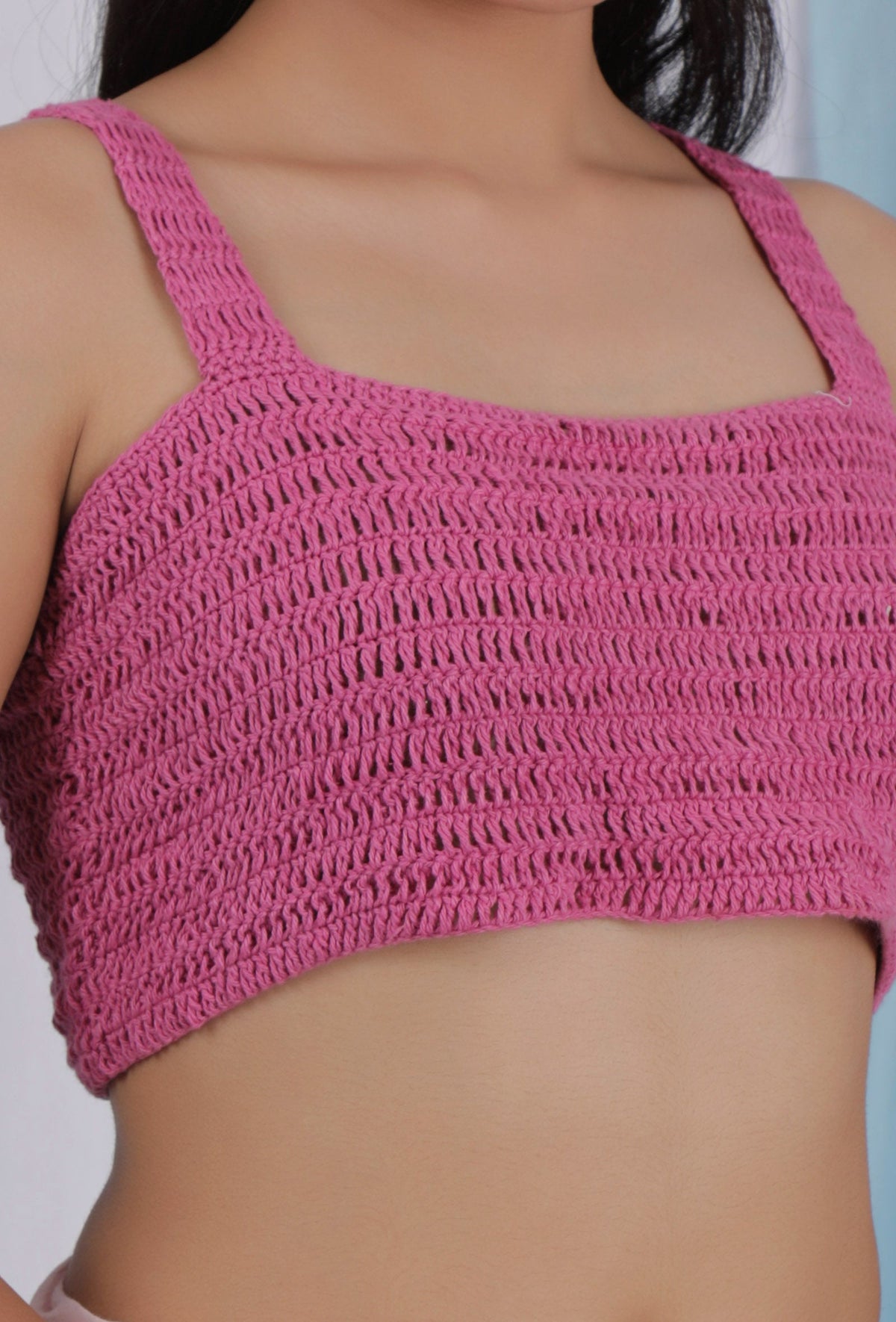 Hot Pink Cotton Handmade Crochet Crop Top サイズ XL
