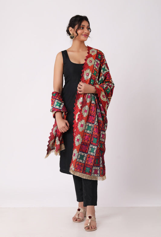 Maroon Allover Embroidered Phoolkari Dupatta
