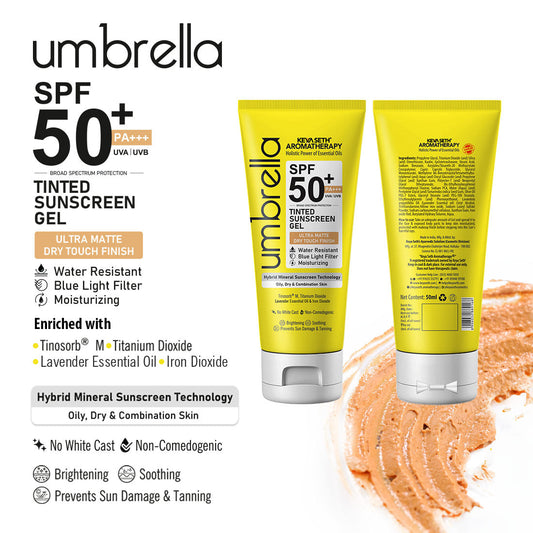 Umbrella Tinted Mineral Sunscreen Gel SPF50 PA+++ Moisturizing, Water-Resistant, Blue Light Filter, Water-Resistant, Dry Touch, No White Cast, Tinosorb M + Titanium Dioxide 50ml